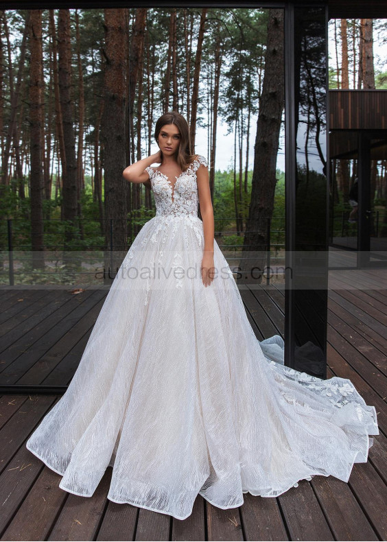 Short Sleeve Beaded Ivory Sparkling Tulle Lace Wedding Dress